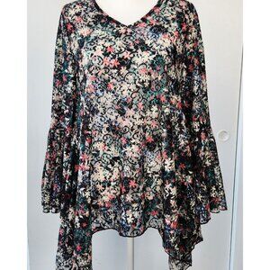 Dor Dor Couture L Sheer Black Blue Pink Lace Top W Bell Sleeves Asymmetrical Hem